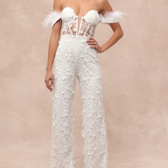 Lulus Pants - Lulus Sparkle White Mesh Embroidered Feather Bustier Jumpsuit - Size XS